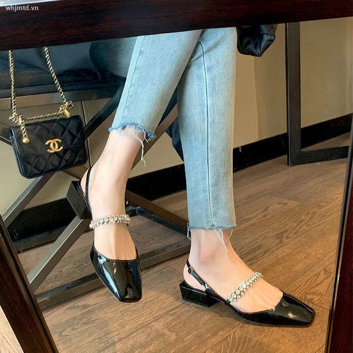 Giày Búp Bê Mũi Vuông Gót Dày Đính Đá Hở Ngón Thời Trang Xuân Hè Cho Nữ