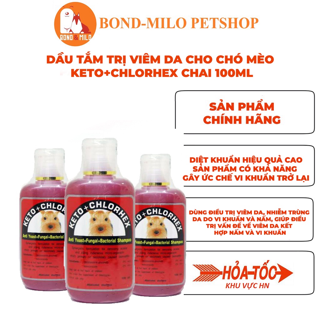 DẦU TẮM TRỊ VIÊM DA CHO CHÓ MÈO KETO+CHLORHEX CHAI 100ML - BONDMILO SHOP