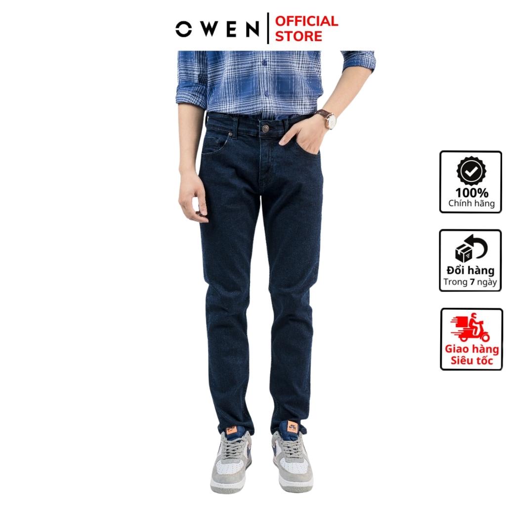 Quần jean nam hàng hiệu Owen QJSL220289 dáng slim fit ống côn màu xanh đậm vải bò denim cotton cao cấp bền đàn hồi tốt