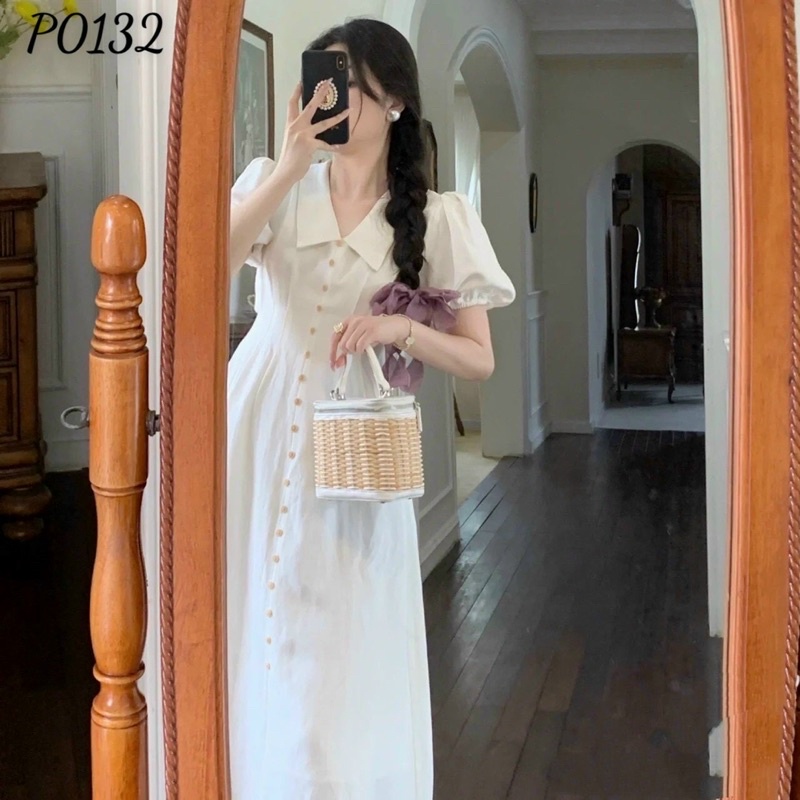 váy trắng tiểu thư sơ mi tay phồng vintage