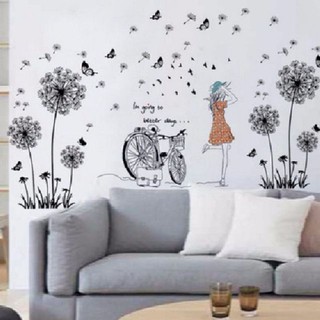 Decal dán tường bồ công anh và cô gái xe đạp ( 1m8*1m3)