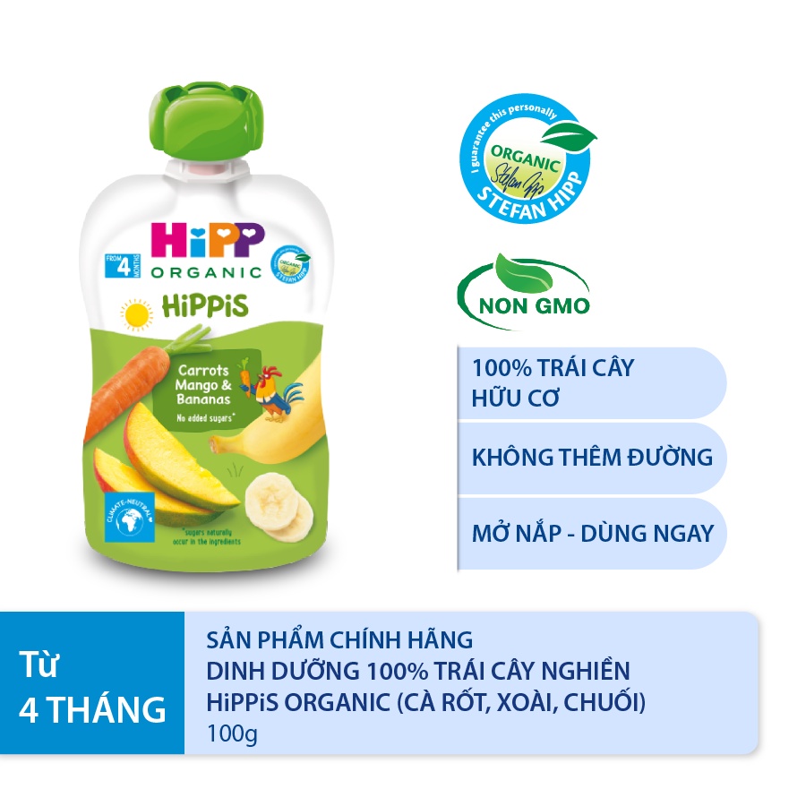 Dinh dưỡng ăn dặm trái cây nghiền Organic Burine HiPPiS 100g - Nhập khẩu châu Âu