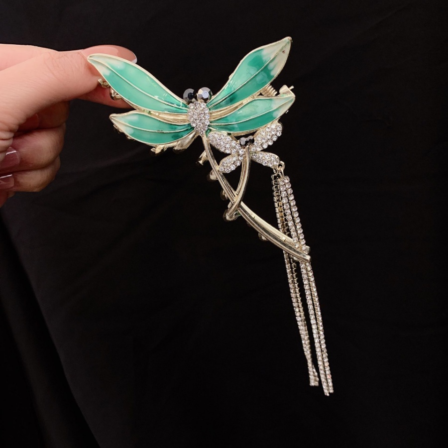 Kẹp Tóc Đuôi Ngựa Bằng Kim Loại Hình Chuồn Chuồn Đính Đá Pha Lê Xanh Lá Phong Cách Hàn Quốc