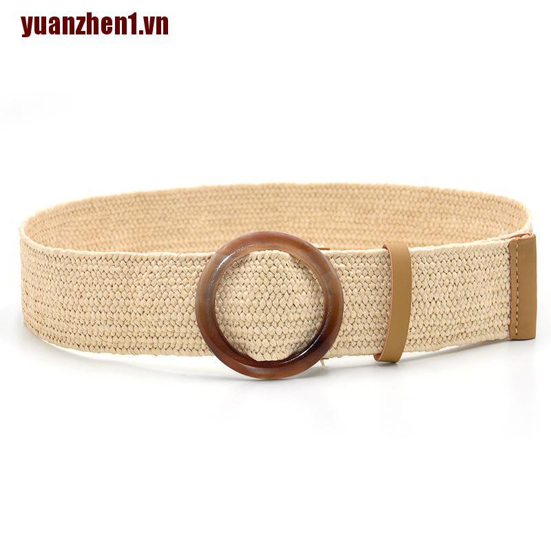 [Yuanzhen1] Thắt Lưng Thắt Lưng Bện Dây Cói Bản Rộng Khóa Gỗ Phong Cách Boho Cổ Điển Mùa Hè