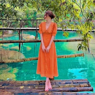 Đầm váy freesize cam cổ bèo nút bọc