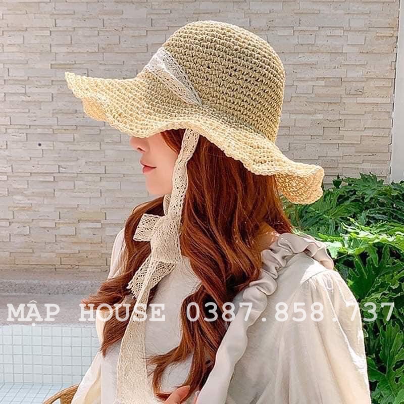 Mũ cói mềm quai ren phong cách Vintage- mũ có thể gập gọn không sợ mất fom
