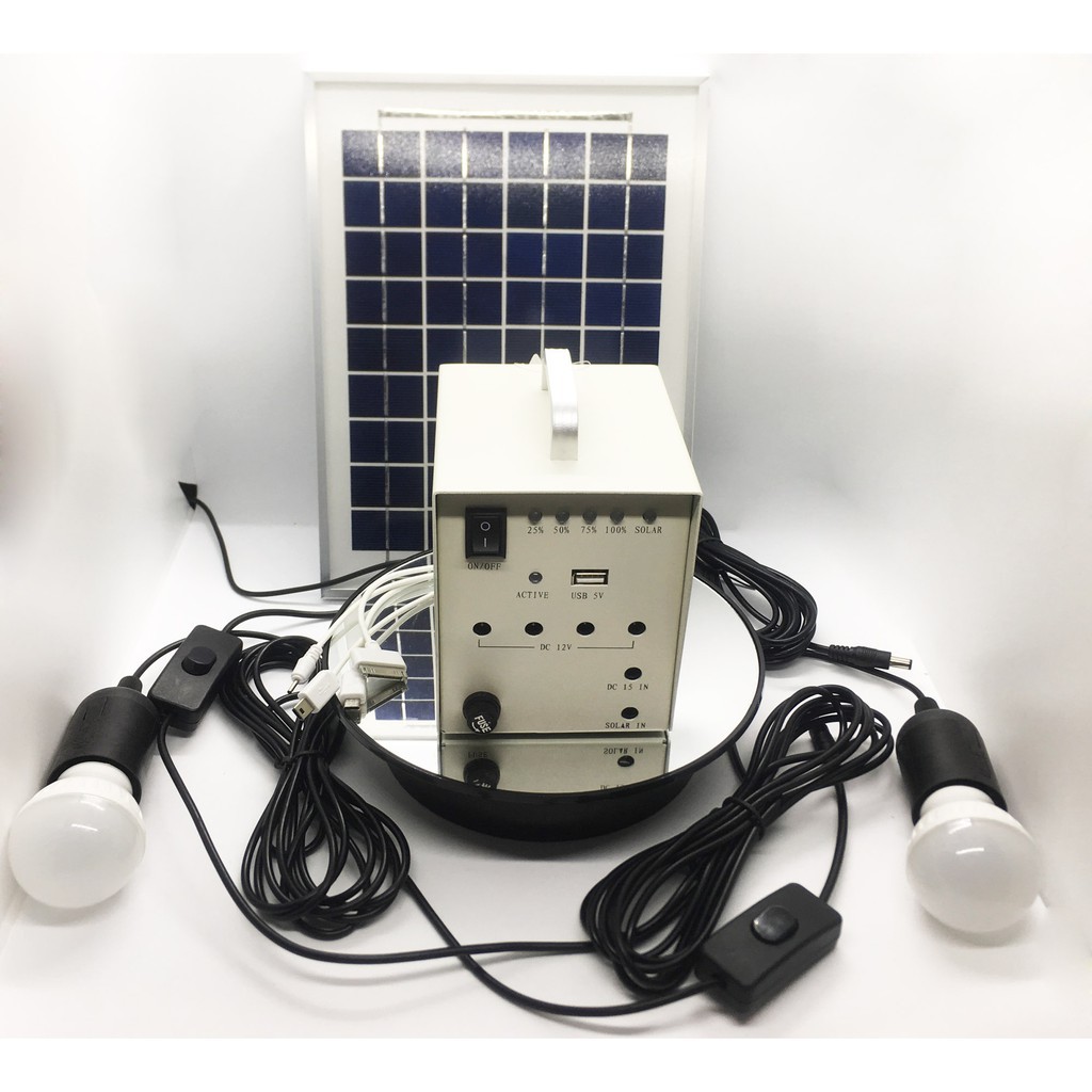 [FREE SHIP => 50K ] Máy phát điện mini năng lượng mặt trời 5W cho 2 bóng + Sạc cho điện thoại + 4 cỏng ra 12vol