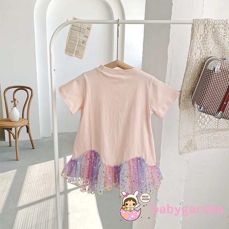 Đầm chữ A tay ngắn in họa tiết thỏ hoạt hình đính kim sa phối lưới dễ thương cho bé gái