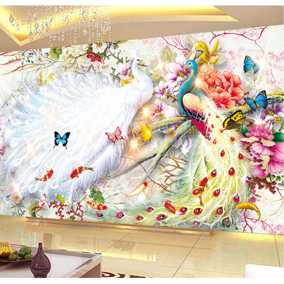 Tranh thêu chữ thập đôi chim công phu thê viên mãn