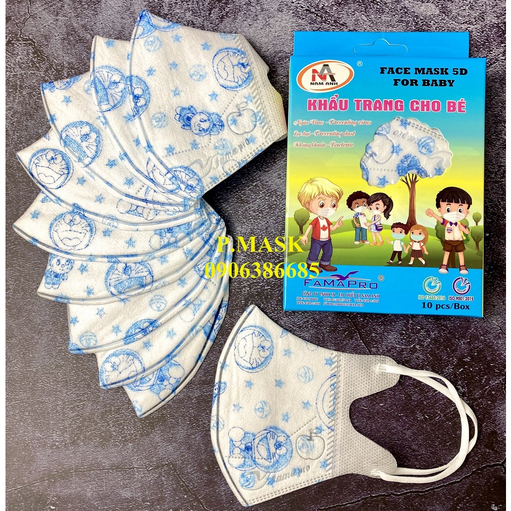 Khẩu Trang 5D KIDS FAMAPRO Hộp 10 cái IN HOẠ TIẾT kháng khuẩn dành cho bé Đoremon / Kitty / Gấu Trúc