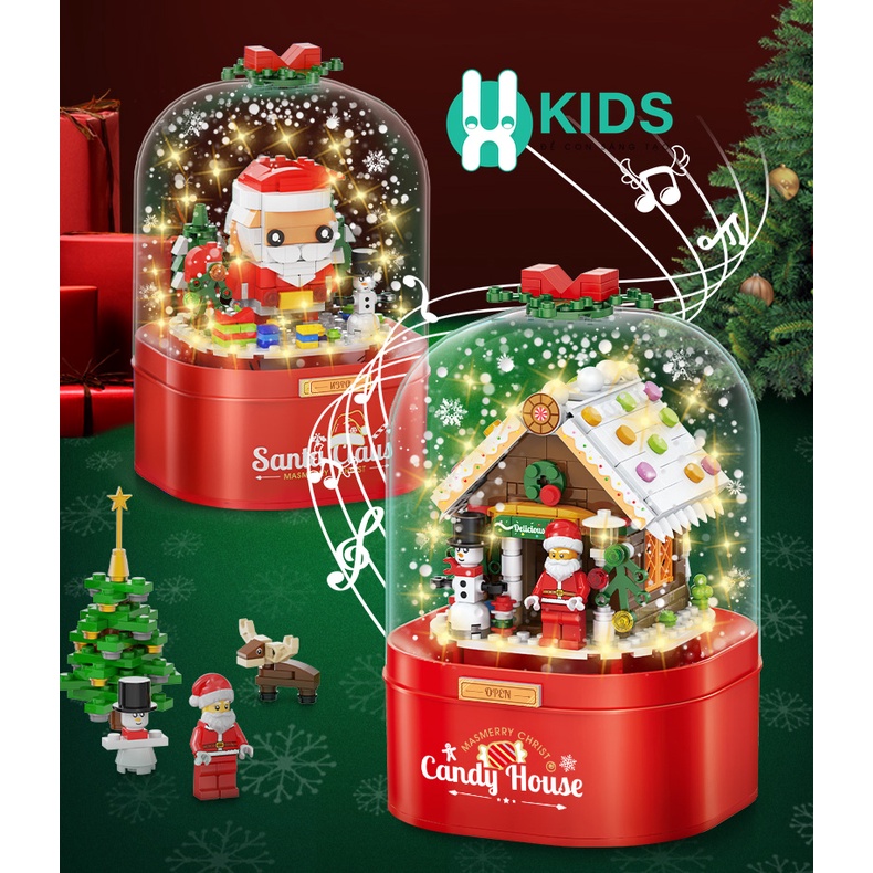 Hộp nhạc giáng sinh lắp ghép xếp hình người tuyết, cây thông noel có tuyết rơi tự động xoay 360 độ và đèn bắt mắt
