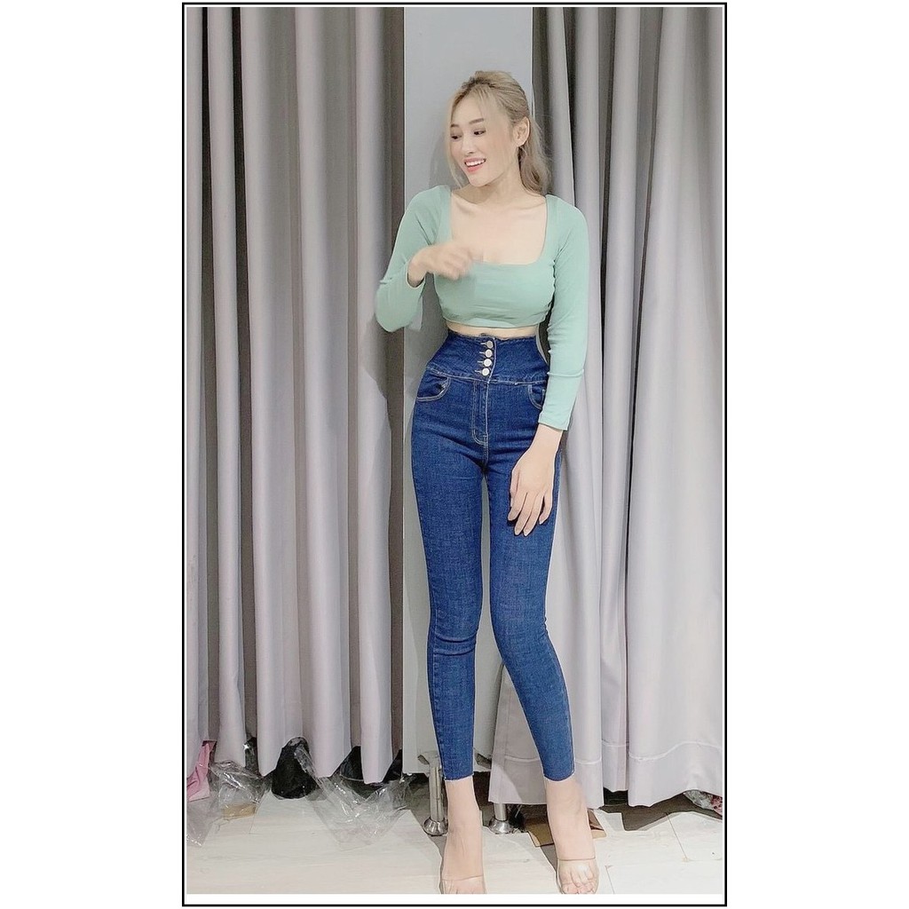 Quần jean nữ lưng siêu cao 4 CÚC TRƯỚC màu xanh chất jean giãn siêu tốt s3-DD16