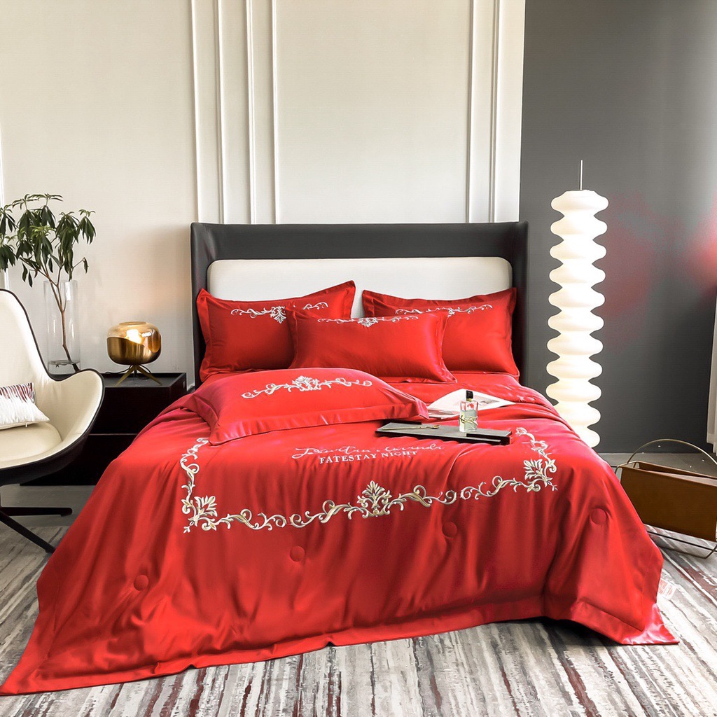 Bộ chăn ga gối phi lụa chăn trần hè- chăn ga gối chát liệu lụa mềm mịn thoáng mát, đường may thêu hoa văn sắc nét