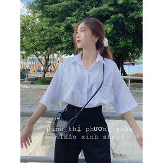 Áo sơ mi trắng đi học form rộng tay lỡ có túi áo