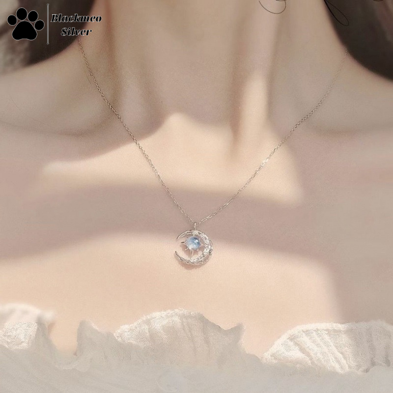 Dây Chuyền Mặt Trăng Đá Xanh Moonstone Nhân Tạo Đính Đá Bạc Ý 925 Cao Cấp, Dây Chuyền Nữ Bạc Đá Mặt Trăng