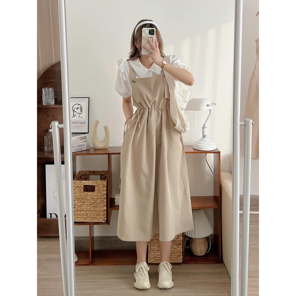 Set yếm váy ulzzang rút eo kèm áo sơ mi tay bồng chuzme