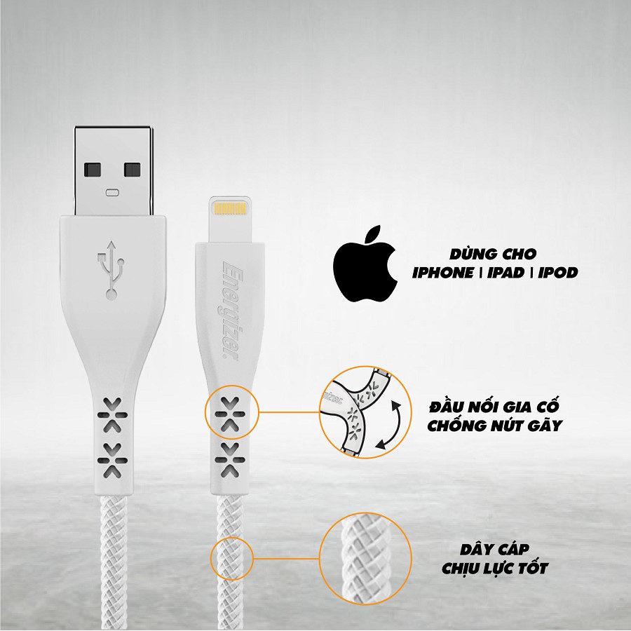Sạc Energizer 3.4A 2 Cổng USB màu trắng, kèm cáp lightning - AC2CEULLIM