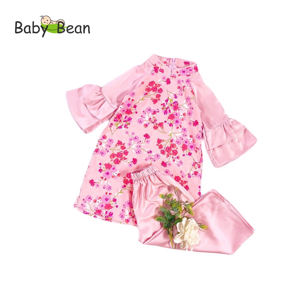 Bộ Áo Dài Cách Tân vải Tafta Hoa Đào Bé Gái BabyBean