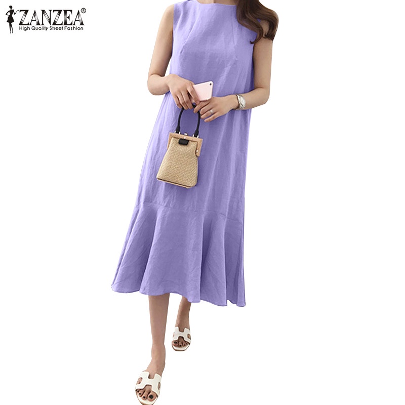 Zanzea Đầm Nữ Cộc Tay Cổ Tròn Form Rộng Thời Trang Hàn