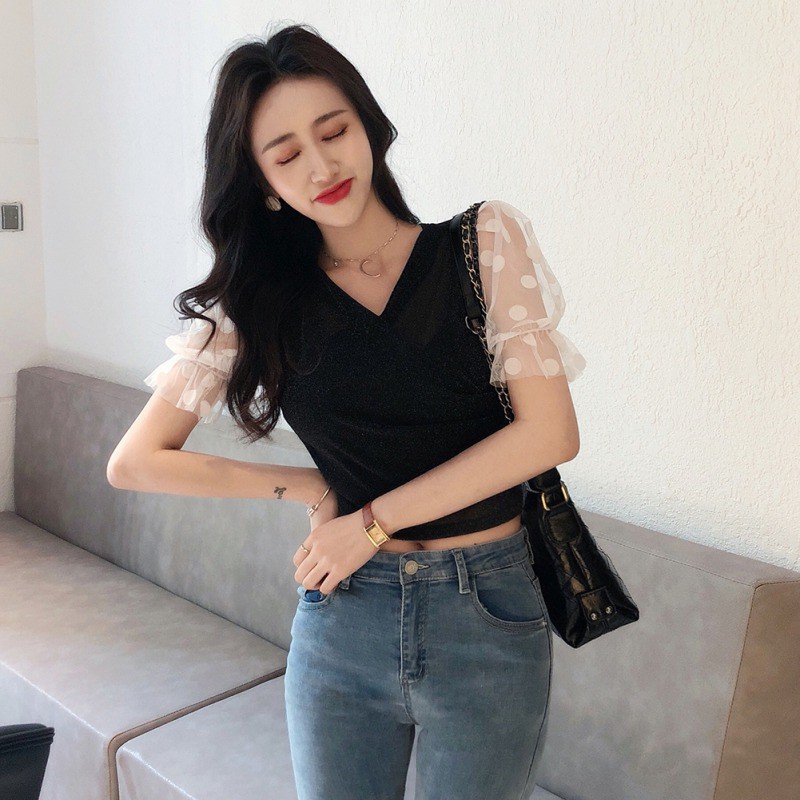 Women Sexy Sling Strapless V Collar Mesh Stitching Short Sleeve Blouse | BigBuy360 - bigbuy360.vn