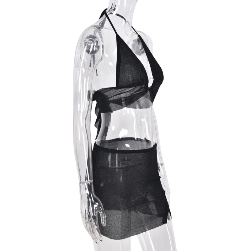 Set Đồ 2 Món Gồm Áo Cổ Chữ V Hở Lưng Phối Chân Váy Ngắn Lưng Cao Xẻ Tà Gợi Cảm Cho Nữ