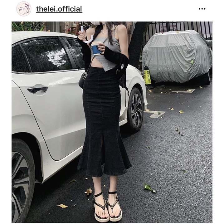 chân váy bò denim đuôi cá xẻ tà ôm body dáng dài cạp cao