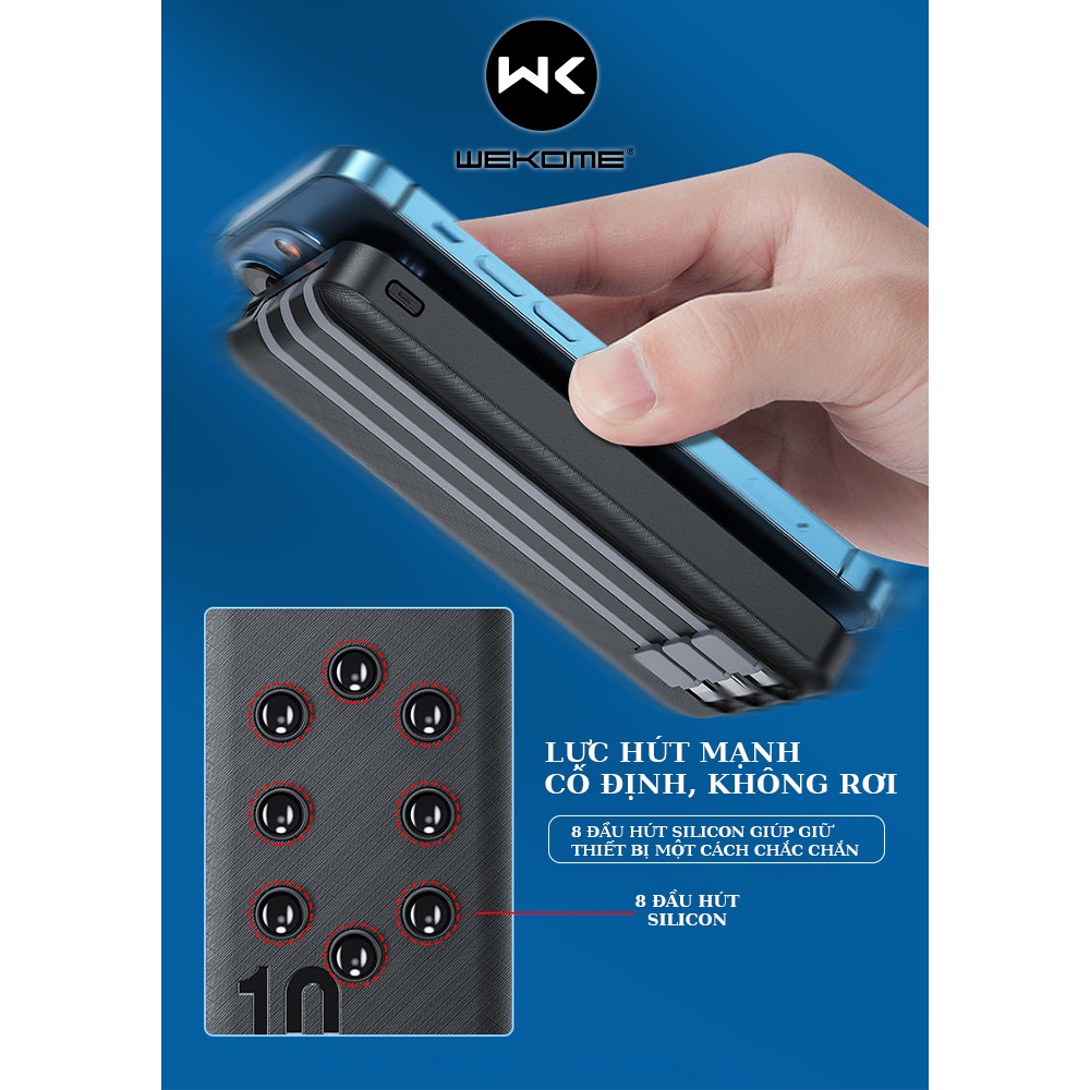 Pin sạc dự phòng Wekome  WP-233 10000mah tích hợp đèn led hiển thị dây cáp 3 in 1 3 đầu đa năng có cao su hít mặt lưng