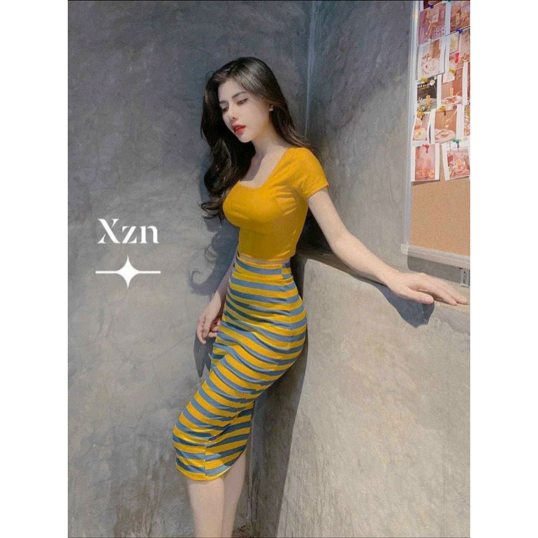 Set bộ áo crop top cổ vuông chân váy bút chì kiểu sọc ngang xinh