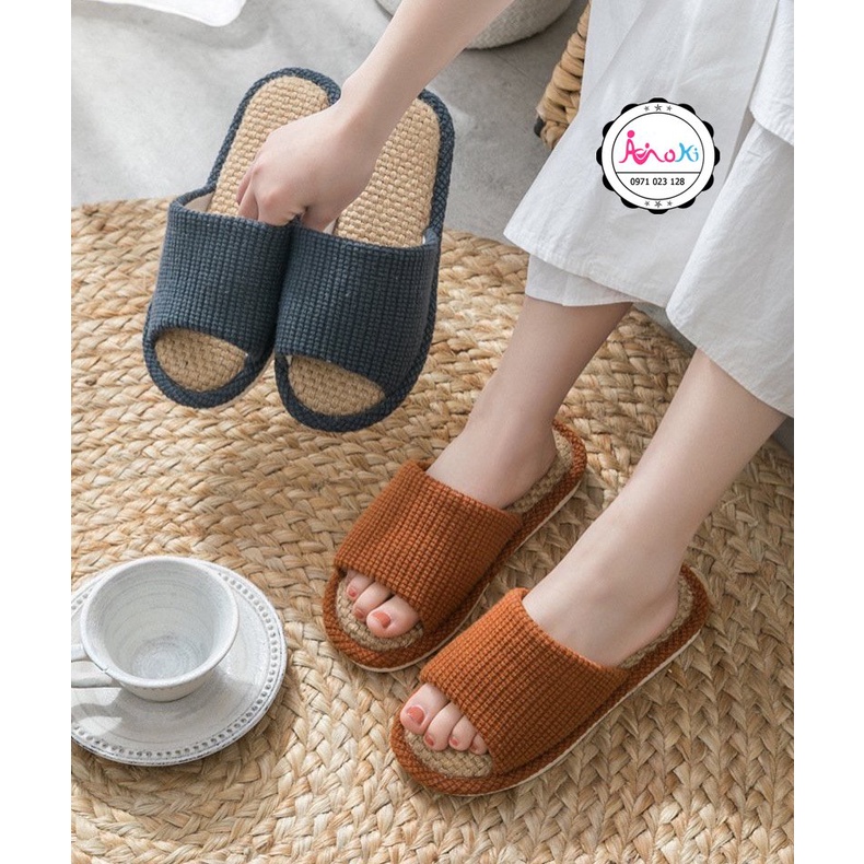 Dép Vải Lanh Nam Nữ Đi Trong Nhà Mokimart, Dép Hở Mũi Unisex Cao Cấp Đi Văn Phòng Size Chuẩn