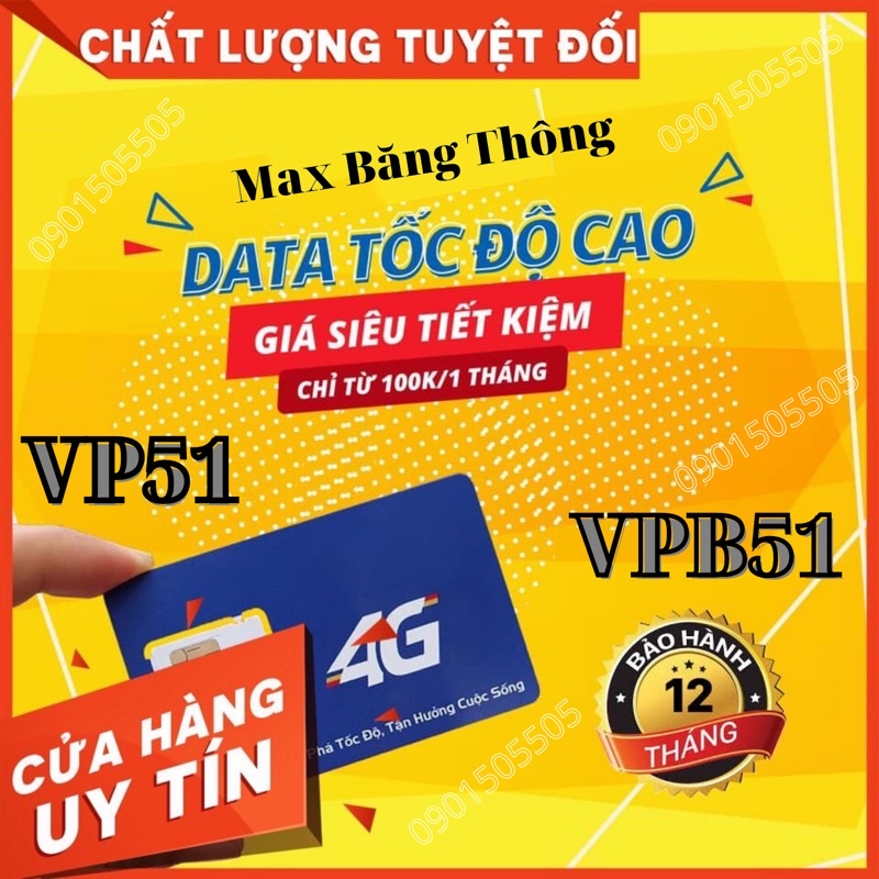 [VPB51,VP51] SIM MAX BĂNG THÔNG TỐC ĐỘ CAO Mobifone- ComBo Gói 6T + 12T