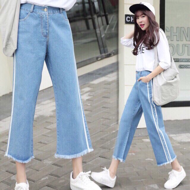 Quần ống rộng tua rua vải jean xanh denim viền trắng, quần jean viền, quần bò ống rộng phù hợp đinhojc, đi chơi