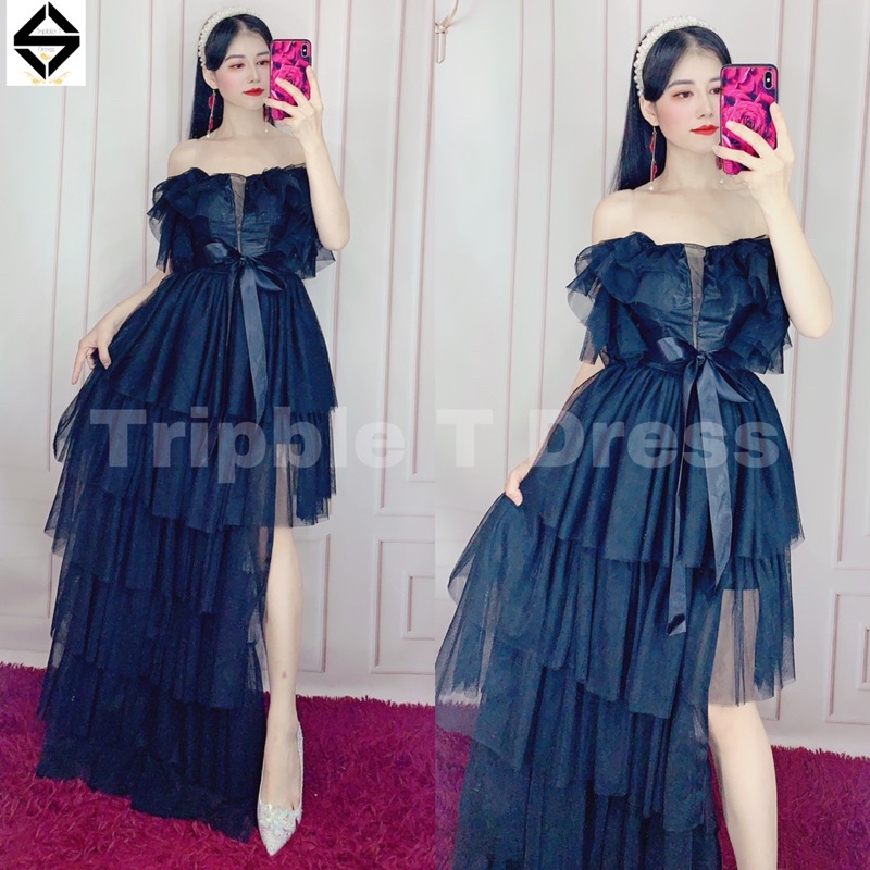 Đầm dự tiệc TRIPBLE T DRESS đuôi tôm xéo xếp tầng trễ vai lưới phói nơ đen eo - size M/L - MS8Y