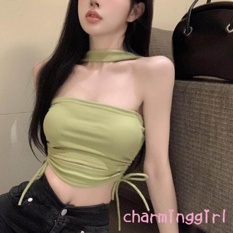 Áo Croptop Sát Nách Màu Trơn Thiết Kế Hở Lưng Phối Dây Rút Thời Trang Quyến Rũ Cho Nữ