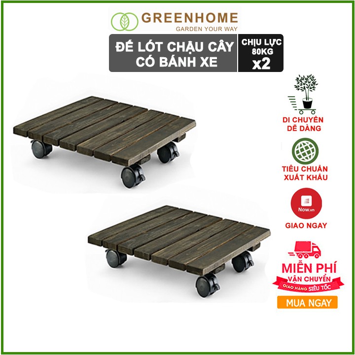 Bộ 2 Đế lót chậu cây có bánh xe, hình vuông, màu đen, bằng gỗ, chịu lực 80kg, R30xC8cm |Greenhome