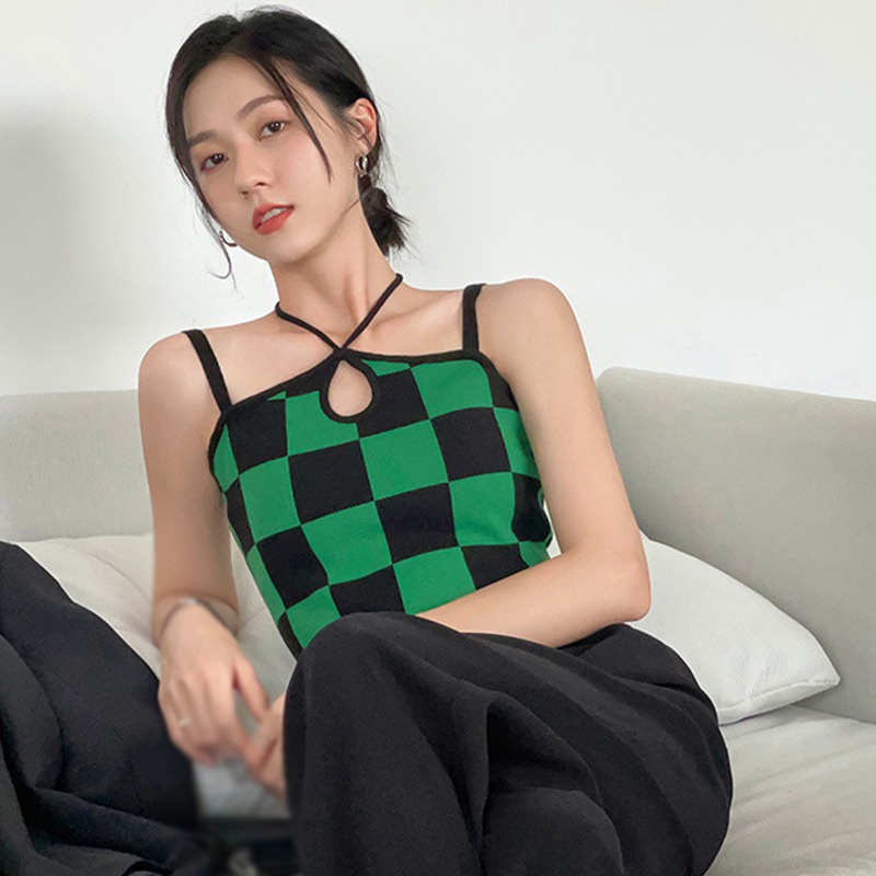 Áo Croptop Hai Dây Họa Tiết Sọc Caro Thời Trang Quyến Rũ Cho Nữ