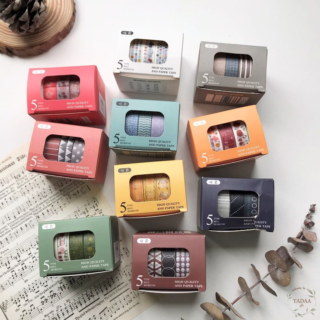 Set 5 washi tape họa tiết hoa lá vintage băng keo giấy caro trang trí sổ màu sắc