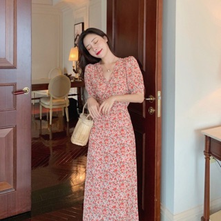 Đầm hoa nhí vạt chéo dây buộc dáng dài sang chảnh