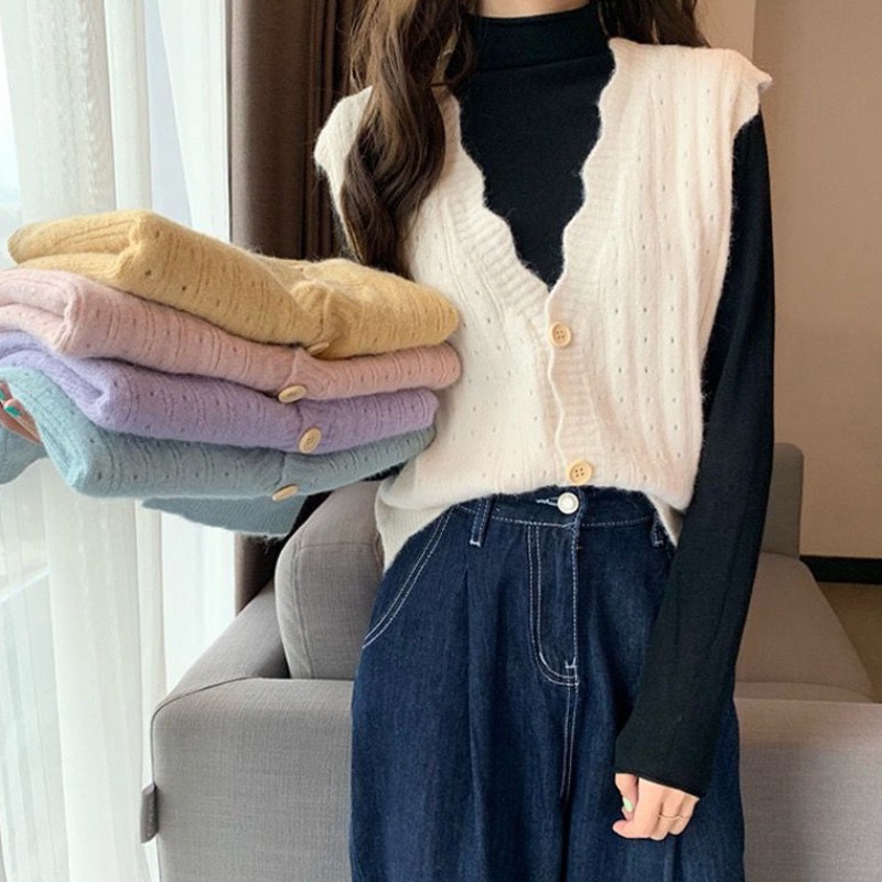 Áo len gile viền lượn sóng cài cúc Ulzzang Style