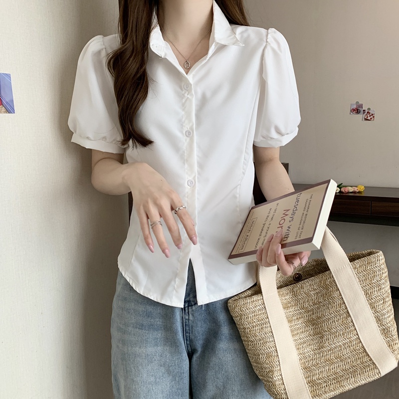 SUXI Áo Sơ Mi Tay Phồng Màu Trơn Dáng Ôm Dễ Phối Đồ Thời Trang Mùa Hè Cho Nữ