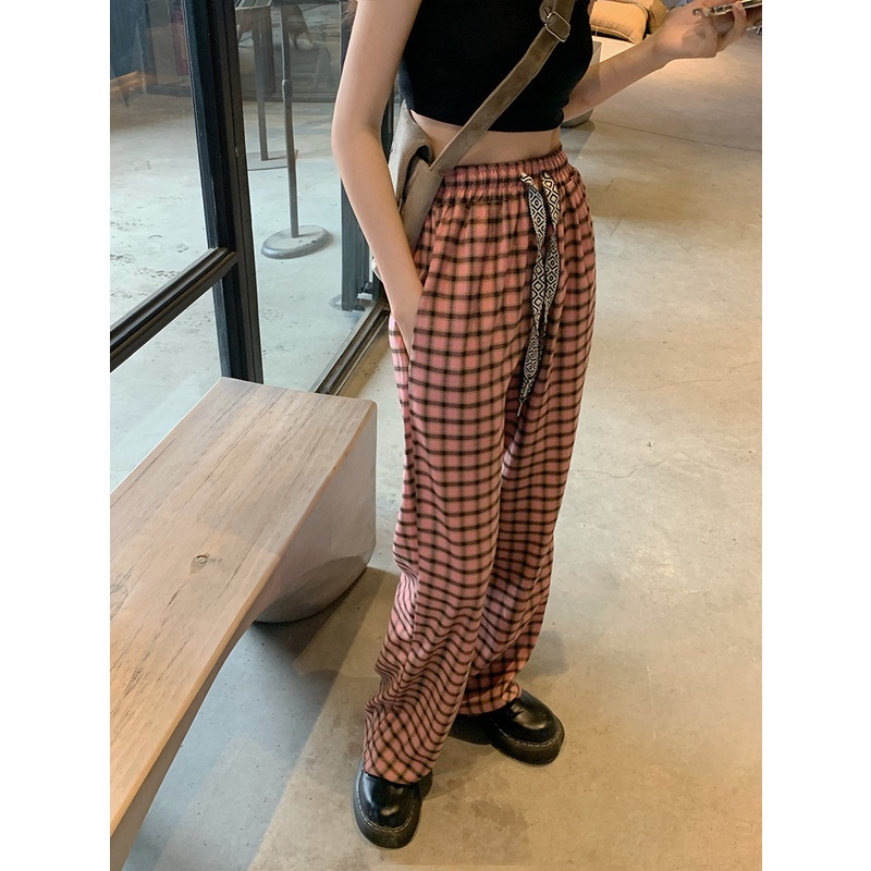 【ZHELIHANGFEI】Quần Dài Lưng Cao Ống Rộng Họa Tiết Sọc Caro Phong Cách Mỹ