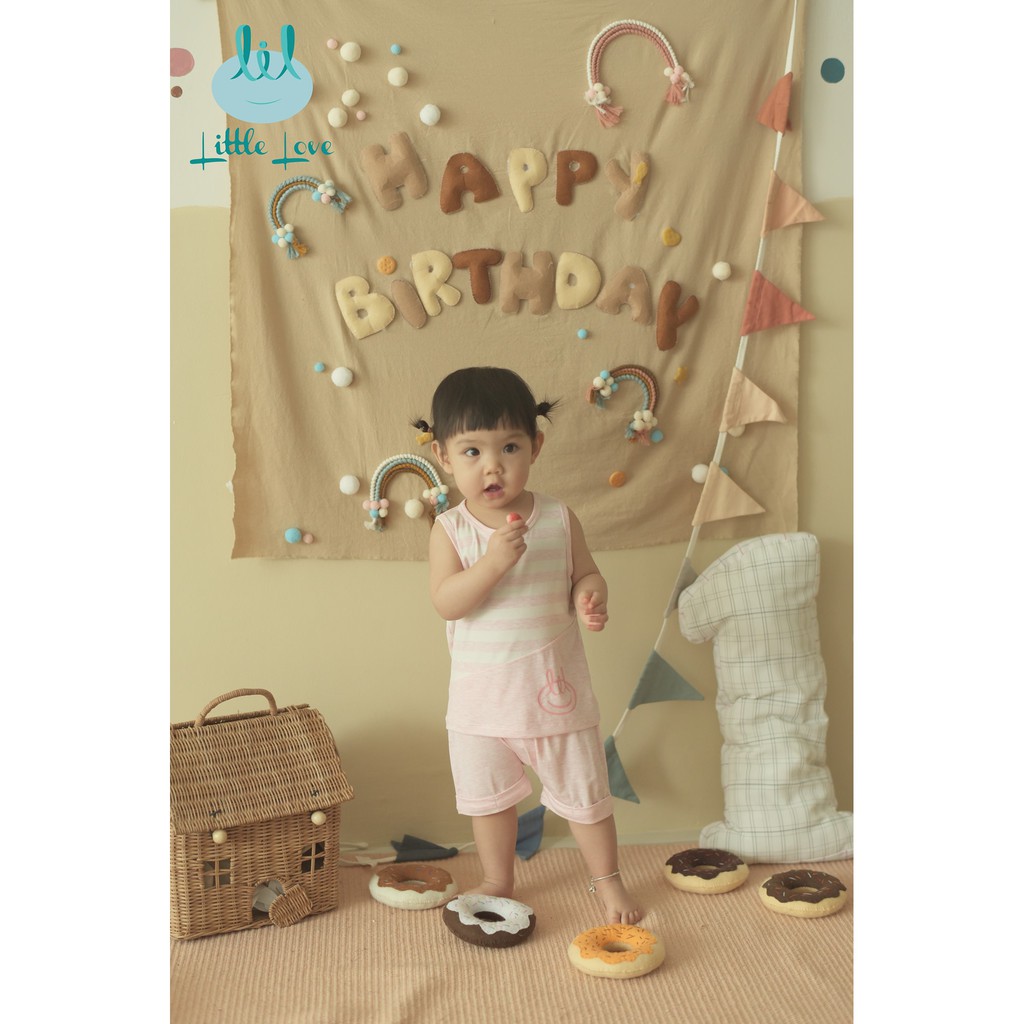 Bộ QA ba lỗ Little love vải petit mềm mịn thoáng mát phối kẻ cho bé trai bé gái (9m-4Y)