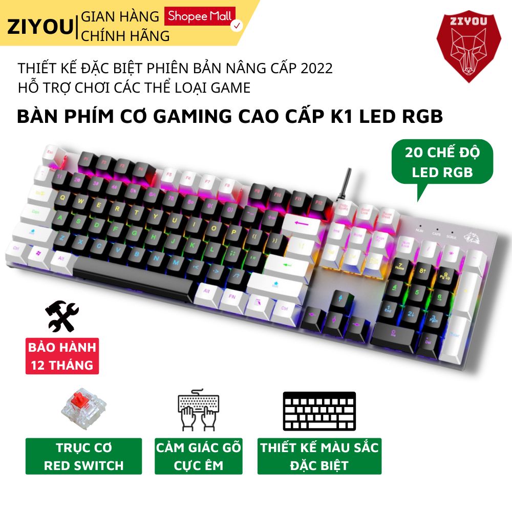 Bàn Phím CƠ Cao Cấp Ziyou K1 LED 20 Chế Độ Cực Đẹp, Trục Cơ RED SWITCH Gõ Siêu Êm, Phím Full Size Cho Máy Tính Laptop