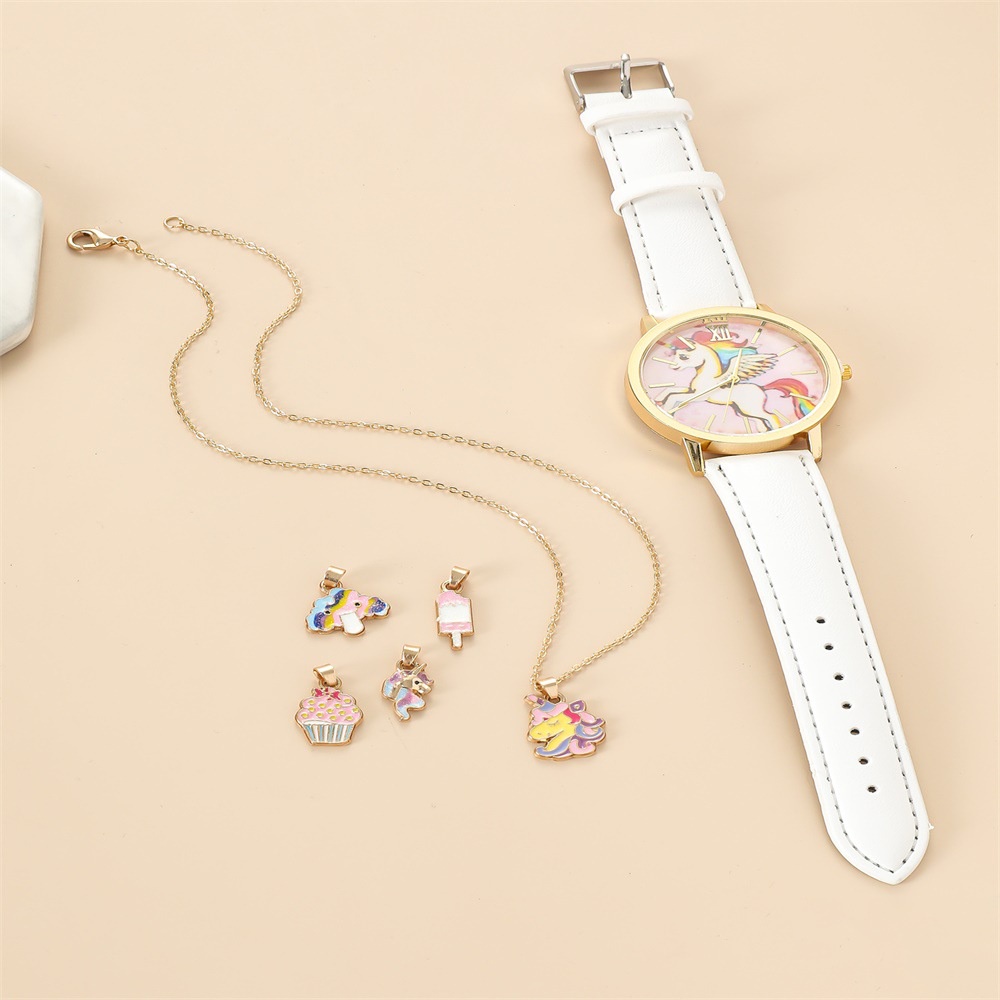 Đồng Hồ Đeo Tay Dây Da PU Hình Ngựa Pony Màu Cầu Vồng Dễ Thương Dành Cho Bé Gái