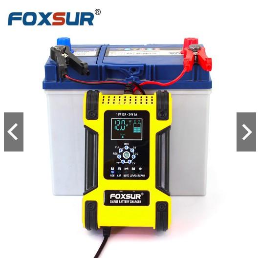 FOXSUR Sạc bình ắc quy 12V 24V 6Ah - 200Ah sạc pin sắt LiFePO4 tự ngắt khi đầy, khử sunfat khôi phục ắc quy
