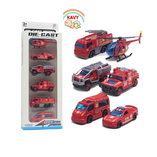 Xe ô tô đồ chơi set 6 xe cứu hỏa cảnhsát cho bé KAVY bằng kim loại nguyên khối bền bỉ có thể trang trí