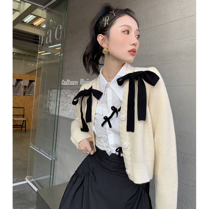 Áo khoác cardigan dệt kim cổ chữ V đính nơ phong cách mùa thu mới cho nữ