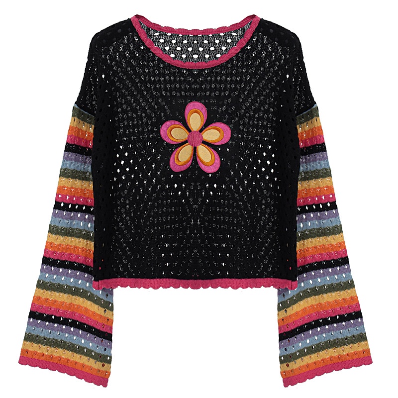 Áo Sweater Dệt Kim Tay Dài Cổ Tròn Dáng Rộng In Hoa Kiểu Đường Phố Thời Trang Cho Nữ