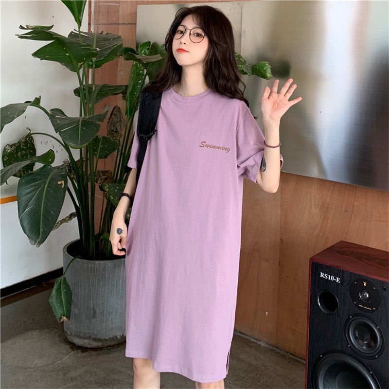 Đầm Thun Cotton Ngắn Tay Dáng Dài Qua Gối Phong Cách Cổ Điển Hàn Quốc Năm 2021 Cho Nữ