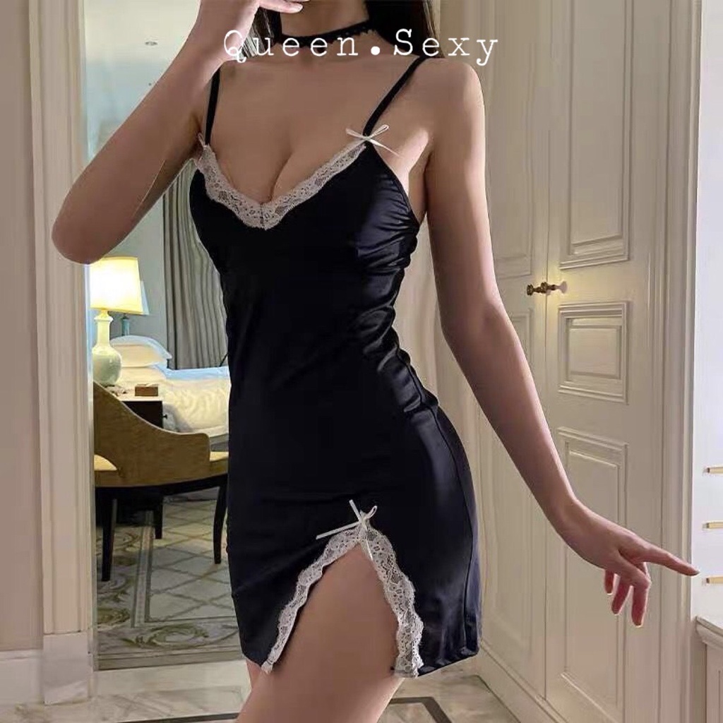 Váy ngủ đen phối ren trắng nổi bật, trẻ trung, gợi cảm - Quảng Châu cao cấp - Queen.Sexy - Freeship