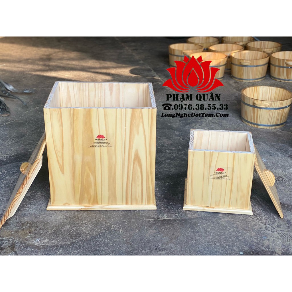 Thùng gỗ đựng gạo dáng vuông, thùng đựng gạo gỗ thông 50-60kg